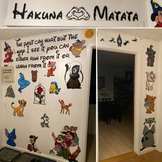 two pictures of the front and back doors of hakuna matata with stickers on them