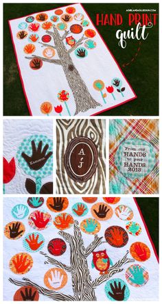 the handprint quilt pattern is shown with different pictures and instructions to make it look like an autumn tree