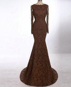 Sizes: 12, Colors: Other, Design: As Shown Long Sleeve Lace Evening Gown, Brown Dresses Formal, Brown Lace Dress, Formal Ball Gown, Lace Gown Styles, Lace Evening Gowns, Formal Wear Dresses, Designer Evening Dresses, Brown Long Sleeve