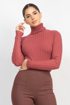 Ribbed Turtleneck Sweater Brand: Haute Monde Style: HMSW50167 Fabric: 50% Viscose, 22% Nylon, 28% PBT Details: A ribbed knit Cocktail Dress top featuring a solid color, a fold-over turtleneck, long sleeves, ribbed trim, waist-length, and a fitted silhouette. Made in China Solid Ribbed Sweater For Spring, Solid Ribbed Knit Top, Ribbed Knit Turtleneck For Spring, Soft Knit Turtleneck For Spring, Fitted Ribbed Knit Top, Luxury Casual Ribbed Turtleneck, Chic Ribbed Turtleneck, Ribbed Pink Tops For Fall, Pink Ribbed Tops For Fall