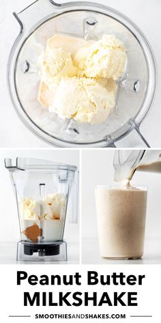 the ingredients to make peanut butter milkshake in a blender with text overlay