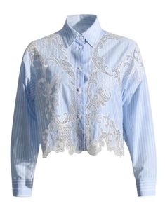 Light Blue long sleeves laced and embroidered transparency details blouse. Lace details on shoulders, back and chest. Ruffles details. Long sleeves. V-neckline. Ruffles details. Crop length. Cotton and polyester fabric. Color may be lighter or darker depending of the device it is displayed. Minimalist Blouse, Blouse Lace, Short Blouses, Chic Shirts, Romper And Jacket, Wide Pants, Lace Shirt, Embroidered Blouse, Lace Closure