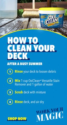 an advertisement for cleaning products on a table with the words how to clean your deck after a busy summer