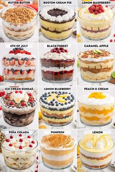 the different types of desserts are shown in this image, and each is labeled with an individual's name