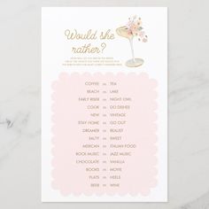 a pink and gold wedding game with the words would she rather?