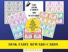 the desk fairy reward cards are on display in front of a blue and yellow background