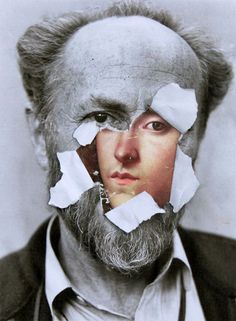 a man with torn up pieces of paper on his face and the other half of his face