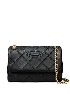 black nappa leather quilted embossed logo to the front gold-tone hardware foldover top magnetic fastening two leather and chain-link shoulder straps internal slip pocket Tory Burch Soft Fleming, Tory Burch Shoulder Bag, Tory Burch Fleming, High Leather Boots, Shopping Wishlist, Convertible Bags, Leather Shoulder Handbags, Luxury Purses, Knee High Leather Boots