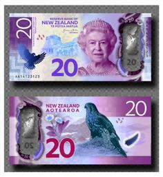 two new zealand 20 dollars bills with the image of a bird on one side and an eagle on the other