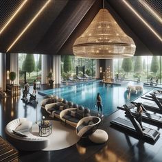 an indoor swimming pool with lounge chairs and chandelier hanging from the rafters