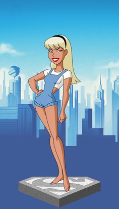 an animated woman standing on top of a platform in front of a cityscape