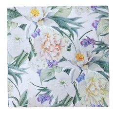 a white and purple flowered design on a linen material with green leaves in the background