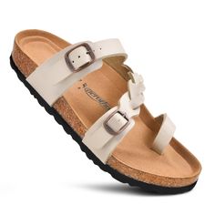 Don't settle for less. Try Aerothotic women's fashion slides Seraph (PU1109) and get comfort, style, and support at an affordable price. The craftsmanship of our cushioned sole arch supportive sandals for women empowers your feet for everyday hustles. You will find two adjustable straps with a cute metallic buckle attached for an ideal fit. The heel cup and raised toe-bar promote stability. The braided strap give an instant appeal to the feet, and the cork sole gives you full strength to walk ca Arch Support Sandals, Supportive Sandals, Fashion Slides, Womens Slides Sandals, Don't Settle For Less, Don't Settle, Cute Sandals, Womens Slides, Braided Strap