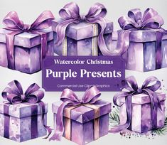 watercolor christmas presents with purple ribbons and bows