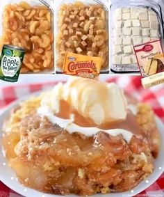 an image of apple pies with ice cream and caramel on the top one