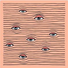 an orange background with blue eyes and wavy lines on the bottom half of each eye