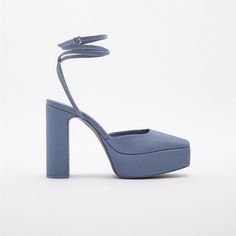 New In Box, Heel Is 4.7 In Modern Blue Heels With Heel Strap, Chic Blue Ankle Strap Block Heels, Chic Blue Block Heels With Ankle Strap, Chic Blue Evening Block Heels, Chic Blue High Heel Block Heels, Blue Stacked Heel Evening Heels, Modern Blue Heels With Square Toe, Evening Blue Heels With Stacked Heel, Modern Blue Square Toe Heels