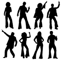 the silhouettes of people dancing in different poses, all dressed in disco clothes and holding their hands up