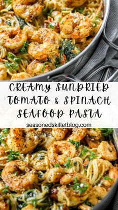 Creamy Sun Dried Tomato and Spinach Seafood Pasta Shrimp Pasta Healthy, Scallop Recipes Pasta, Shrimp Spinach Pasta, Shrimp Pasta Dishes, Seafood Pasta Dishes, Creamy Garlic Parmesan Sauce, Spinach Pasta Recipes, Scallop Pasta, Lemon Garlic Shrimp Pasta