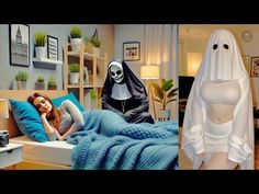 three different pictures of women in costumes on the same bed, one is wearing a ghost costume