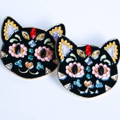 Black cat rhinestone statement earrings Trendy Cat Design Jewelry For Party, Trendy Cat Design Jewelry For Parties, Black Cat Ears Jewelry With Cat Design, Cute Cat Design Earrings For Party, Party Jewelry With Cat Design And Cat Ears, Party Jewelry With Cat Design, Trendy Black Jewelry With Cat Design, Black Cat Ears Earrings For Party, Black Cat Design Drop Earrings