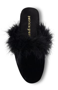 Crafted from rich velvet with feather trim, this luxe slipper boasts a playful fusion of cozy and glamorous. 3/4" heel Cushioned footbed Textile upper and lining/rubber sole Imported Green Slippers, Product Photoshoot, Velvet Slippers, Slippers Black, Stylish Work Attire, Feather Trim, Shoe Inspo, Black Feathers, Comfy Shoes