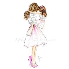 a drawing of two girls hugging each other with their arms around one another while the girl is wearing a dress and high heels