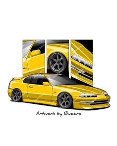 a yellow car with the hood open