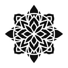 a black and white drawing of a flower with leaves on it's petals, in the shape of a snowflake