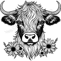 a cow with long horns and flowers on it's face, in black and white