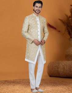 Italian Nawabi Indo Western Light Golden Indo Western Jacquard Silk Pant Front View Formal Fitted Jacquard Sets, Elegant Jacquard Sets For Wedding, Traditional Jacquard Sets For Formal Occasions, Fitted Jacquard Set For Festive Occasions, Fitted Jacquard Sets For Wedding, Festive Fitted Jacquard Set, Traditional Jacquard Long Sleeve Sets, Traditional Long Sleeve Jacquard Set, White Brocade Set With Long Sleeves