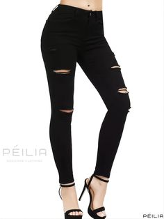 Peilia - Womens Black Distressed Denim Trousers, Skinny Fit with Ripped Details, Solid Stretch Fabric and Slant Pockets Ripped High Rise Stretch Bottoms, High Rise Stretch Ripped Bottoms, Stretch High Rise Ripped Bottoms, Ripped Fitted Jeggings For Fall, High Rise Stretch Distressed Jeggings, Fitted High Rise Jeans With Holes, Fitted High-rise Jeans With Holes, Trendy Stretch Jeans With Holes, High Rise Ripped Stretch Pants