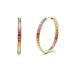 Rainbow sapphire hoops earrings in 14k 18k gold, Natural multi sapphire rainbow ombre hoops, Rainbow hoops earrings gold, Ready to ship gift EARRING DETAILS : ✦ Earring type : Hoops ✦ Earring length : 30 mm ✦ Earring closure : Hoops lock ✦ Earring weight : 5-6 grams for the pair ✦ Ready to ship variant : 14K Yellow Gold STONE DETAILS : ✦ Gemstone: Rainbow Sapphire ✦ Gemstone Type : Natural ✦ Gemstone Size : 2.00 mm ✦ Gemstone Shape : Round Cut ✦ Number of gemstones : 68 ✦ Gemstone Weight : 3-4 c Multicolor Fine Jewelry Hoop Earrings As Gift, Elegant Rainbow Hoop Jewelry, Elegant Rainbow Colored Hoop Jewelry, Multicolor Hoop Jewelry For Anniversary, Fine Jewelry Multicolor Hoop Earrings, Fine Jewelry Multicolor Hoop, Multicolor Hoop Fine Jewelry, 14k Gold Rainbow Jewelry, 14k Gold Round Rainbow Jewelry