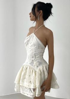 Unique Classy Outfits, Vintage Brunch Outfits, Summer Wedding Mini Dress With Corset Back, Sleeveless Ruffled Corset Dress For Prom, Lace Dress For Sweet 16 And Prom, Lace Dress For Sweet 16 And Prom Season, White Halter Neck Party Dress, Summer Lace Mini Dress For Prom, Sleeveless Halter Dress With Fitted Bodice For Party