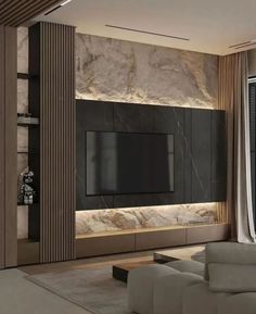 modern living room with stone wall and large tv