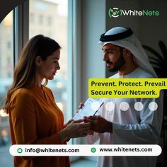 a man and woman standing next to each other in front of a window with the words prevent protect prevail secure your network