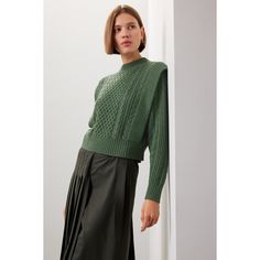 Green knit (70% Acrylic, 30% Wool). Sweater. Long sleeves. Crewneck. Pull on. 19" from shoulder to hemline. Imported. Chic Knit Top With Ribbed Collar For Fall, Chic Ribbed Collar Knit Top For Fall, Chic Sweater With Ribbed Collar For Spring, Chic Fall Sweater With Ribbed Collar, Crew Neck Knit Top With Ribbed Collar For Fall, Spring Knit Cropped Sweater With Ribbed Collar, Chic Knit Sweater With Ribbed Collar, Spring Ribbed Collar Knit Top, Spring Workwear Sweater With Ribbed Collar