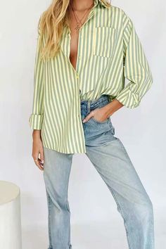 Fit: Regular fit. Detail: Long sleeves。 Striped. Loose. Button-front. Casual style. Material: 71%-80% Acrylic. Care： Machine washes cold, tumble dry low. Pin Stripe, Striped Long Sleeve Shirt, Green Button, Crop Top Blouse, Button Front Shirt, Cardigan Jacket, Green Stripes, Striped Long Sleeve, Casual Style