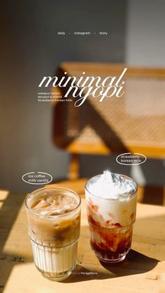 two drinks sitting on top of a wooden table next to an empty cup with whipped cream in it