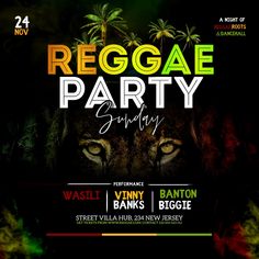 reggae party flyer with lion and palm trees