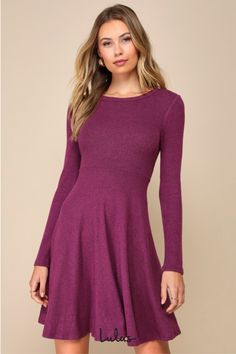 The Lulus Fit and Fair Mauve Purple Ribbed Knit Long Sleeve Skater Dress will have you looking cute as a button! This casual-meets-cute ribbed knit dress boasts charming details like a high rounded neckline and a flattering cinched and elasticized waist. Long sleeves frame the flared skater skirt. Fit: This garment fits true to size. Length: Mid-thigh. Size medium Bust: Great for any cup size. Waist: Fitted - stretchy fabric allows custom fit. Hip: Not Fitted - fuller skirt allows room for hips. Purple Jumpers, Flared Skater Skirt, Purple Long Sleeve Dress, Knit Skater Dress, Long Sleeve Skater Dress, Cute As A Button, Mauve Purple, Ribbed Knit Dress, Knit Long Sleeve