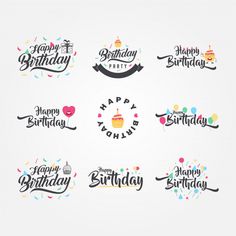 happy birthday badges with confetti, balloons and ribbons on white background - free image on pixart