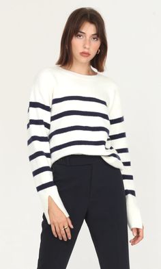 This knit pullover is flexible for any experience whether is it for running errands or meeting up with a friend nearby. Highlighted on its soft, fuzzy material is a gorgeous contrasting stripe pattern. The sweater also features drop-down shoulder and slight sleeve slits, Striped sweater  Sleeve slits  Crew neckline Loo Luxury Women Fashion, Mother Denim, Spring Tops, Sweater Sale, Knit Pullover, Sweater Knit, Striped Sweater, Sweater Sleeves, Stripe Sweater