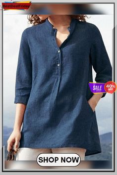 Solid Casual V-neckline 3/4 Sleeves Blouses Stand Collar Shirt, Cute T Shirts, Linen Blouse, Collar Top, Moda Plus, Pullover Shirt, Collar Blouse, Fashion Pattern, Womens Tunics