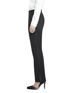 By After Six: The Marlowe Women's Tuxedo Pant. Classic Slim Tuxedo Pant Has Satin Stripe Along Each Leg, Side Slash Pockets And Satin Waist Band. Pants Sit Slightly Below Waist, And Have A 32 Inch Inseam To Allow For Alterations. Crafted From Fine Stretch Wool From One Of The Oldest Mills In Italy,  Matching Jacket Available. 96% Wool, 4% Lycra. Available In Sizes 0-18w. Fits True To Size. Shown In Black. Luxury Tailored Tuxedo Dress Pants, Luxury Tuxedo Style Straight Dress Pants, Luxury Tuxedo Dress Pants For Work, Womans Tuxedo Plus Size, Luxury Fitted Tuxedo Pants, Luxury Tuxedo Style Pantsuit For Work, Luxury Tuxedo Pants For Formal Events, Luxury Women's Tuxedo For Office, Luxury Tuxedo Pants