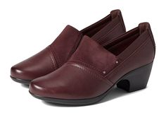 Clarks Emily Step - Women's Shoes : Burgundy Leather : Upgrade your Sunday's best when you're dressed in the Clarks Emily step slip on heel. This classy shoe is a mix between a heel and a bootie. Adorned with a velvet patch at the leather upper. Keeping your comfort needs in mind, this work-ready silhouette features an OrthoLite footbed that wicks away moisture and keeps your feet fresh and dry all day long. The slip-on design is crafted with a leather upper, breathable textile lining and insole Classy Shoe, Clarks Women, Black Slip On Shoes, Classy Shoes, Loafer Shoes Women, Slip On Espadrilles, Clarks Women's, Black Loafers, Womens Clarks