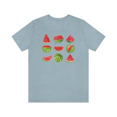 This summer shirt has a beautiful watercolor print of 6 watermelons. As for fruit shirts, this one is one of the most versatile for watermelon gifts, cottagecore shirts, or gardener gifts.Offered in the 6 most popular colors in cottage core: white, natural, heather peach, athletic heather, light blue, and heather ice blue. XS S M L XL 2XL 3XL Width, in 16.50 17.99 20.00 22.01 24.02 25.98 27.99 Length, in 27.01 27.9 29.02 3.00 31.02 32.01 32.99 Sleeve length, in 8.62 8.90 9.17 9.45 9.72 10.00 10. Watermelon Gifts, Watermelon Gift, Gardener Gifts, Watermelon Shirt, Fruit Shirt, Cottagecore Shirt, Popular Colors, Cottage Core, Summer Shirts