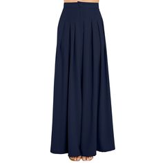 Navy Blue High Waist Pleated Flare Pants Blue Pleated Wide Leg Bottoms, Spring Blue Pleated Pants, Chic Blue Pleated Bottoms, Navy Pleated Summer Bottoms, Navy Pleated Bottoms For Summer, Navy Pleated Bottoms For Spring, Spring Navy Pleated Bottoms, Elegant High Rise Blue Bottoms, Elegant High-rise Blue Bottoms