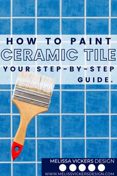 Blue tile with a paint brush on top Painting Ceramic Tile Countertops, Diy Paint Tile Bathroom, Diy Tile Painting Bathroom, Diy Painted Bathroom Tile, Painted Ceramic Tile Bathroom, Painting Over Bathroom Tile Walls, Paint On Tiles Diy, Painting Wall Tile Bathroom, Painting Ceramic Tiles Crafts