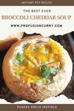 Broccoli cheddar soup served in bread bowl Copycat Broccoli Cheddar Soup, Soup In Bread Bowl, Instant Pot Broccoli Cheddar Soup, Cheddar Broccoli Soup, Instant Pot Broccoli, Cheddar Broccoli, Comfort Soup Recipes, Food Soup, Vegetarian Soup Recipes